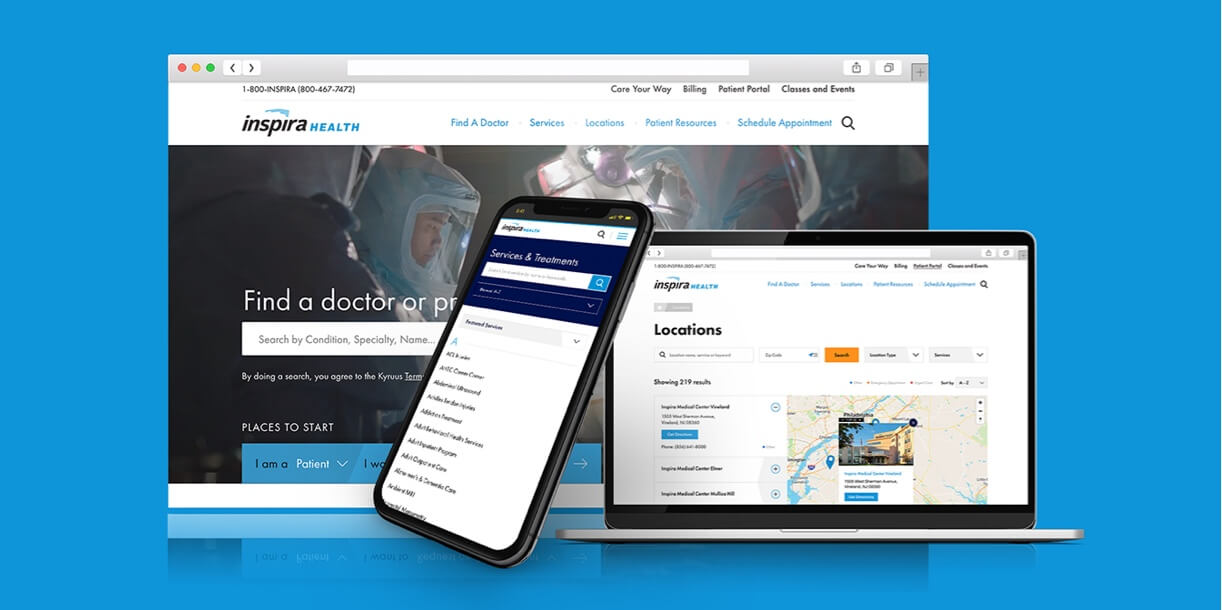 Desktop, tablet and mobile mockup of the Inspira Health System website