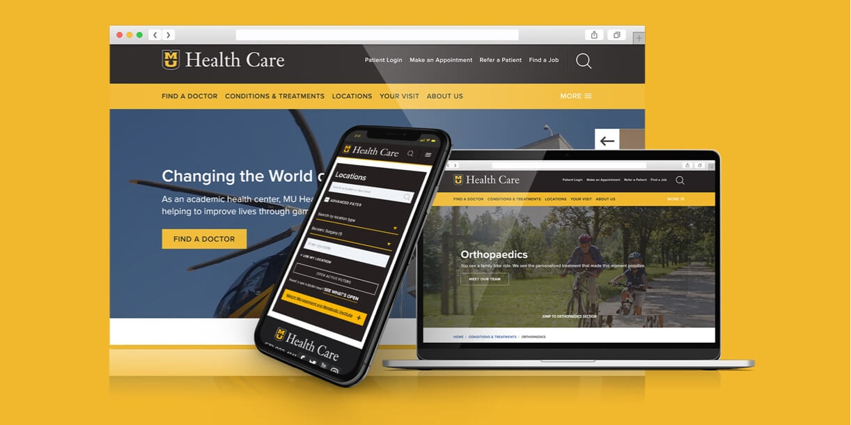 Desktop, tablet and mobile mockup of the MU Healthcare website