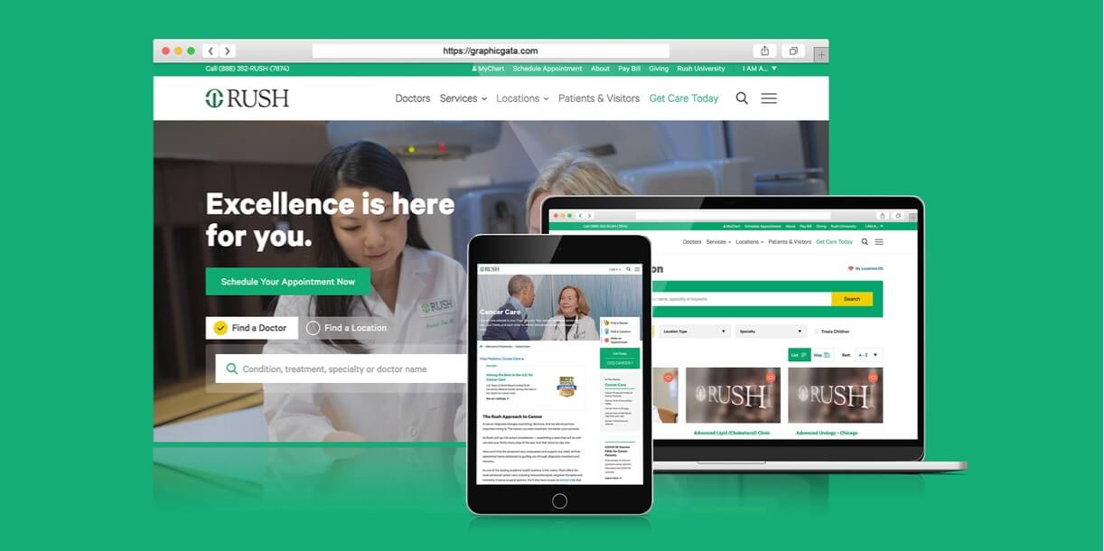 Desktop, tablet and mobile mockups up of the Rush Health System Website
